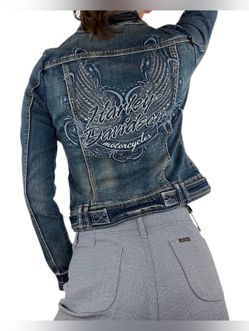 Harley-Davidson Women's Dark Blue Moto Embroidered Denim Jacket Large